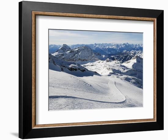 Skiers, Mountain Scenery in Cervinia Ski Resort, Cervinia, Valle D'Aosta, Italian Alps, Italy-Christian Kober-Framed Photographic Print