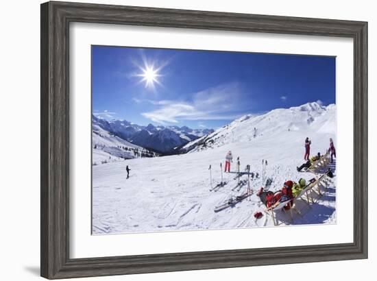 Skiers Relaxing at Cafe in Winter Sunshine, Verdons Sud, La Plagne, French Alps, France, Europe-Peter Barritt-Framed Photographic Print