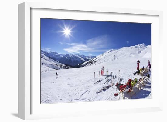 Skiers Relaxing at Cafe in Winter Sunshine, Verdons Sud, La Plagne, French Alps, France, Europe-Peter Barritt-Framed Photographic Print