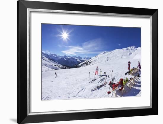 Skiers Relaxing at Cafe in Winter Sunshine, Verdons Sud, La Plagne, French Alps, France, Europe-Peter Barritt-Framed Photographic Print