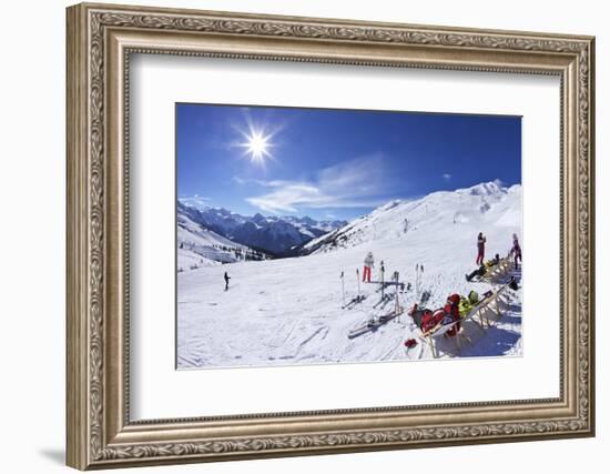 Skiers Relaxing at Cafe in Winter Sunshine, Verdons Sud, La Plagne, French Alps, France, Europe-Peter Barritt-Framed Photographic Print