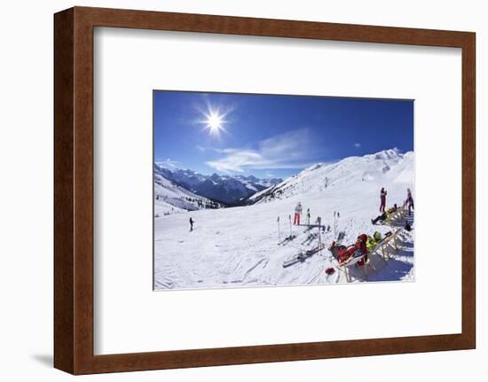 Skiers Relaxing at Cafe in Winter Sunshine, Verdons Sud, La Plagne, French Alps, France, Europe-Peter Barritt-Framed Photographic Print