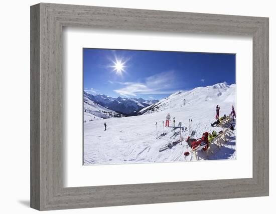 Skiers Relaxing at Cafe in Winter Sunshine, Verdons Sud, La Plagne, French Alps, France, Europe-Peter Barritt-Framed Photographic Print