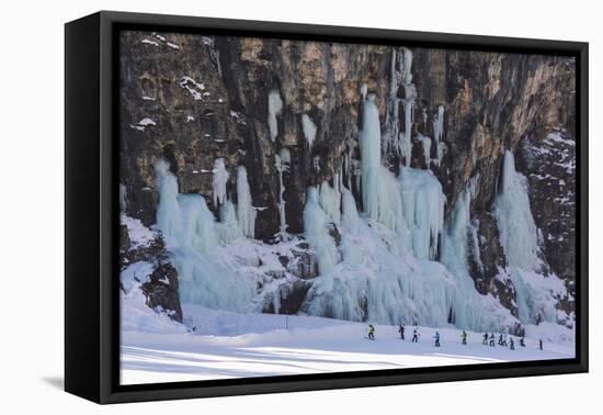 Skiers Underneath the Frozen Waterfall, Ski Piste-Mark Doherty-Framed Premier Image Canvas