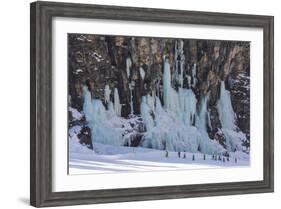 Skiers Underneath the Frozen Waterfall, Ski Piste-Mark Doherty-Framed Photographic Print