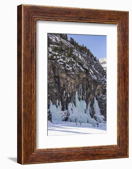 Skiers Underneath the Frozen Waterfall, Ski Piste-Mark Doherty-Framed Photographic Print