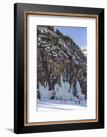 Skiers Underneath the Frozen Waterfall, Ski Piste-Mark Doherty-Framed Photographic Print