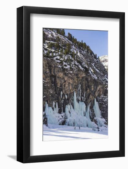 Skiers Underneath the Frozen Waterfall, Ski Piste-Mark Doherty-Framed Photographic Print