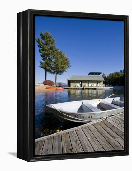 Skiff and boathouse at Oliver Lodge on Lake Winnipesauke, Meredith, New Hampshire, USA-Jerry & Marcy Monkman-Framed Premier Image Canvas