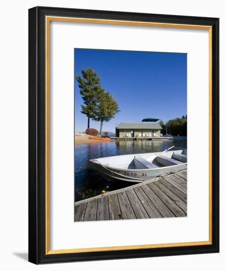 Skiff and boathouse at Oliver Lodge on Lake Winnipesauke, Meredith, New Hampshire, USA-Jerry & Marcy Monkman-Framed Photographic Print