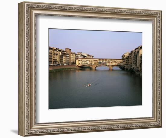 Skiff on the River Arno and the Ponte Vecchio, Florence, Tuscany, Italy-Walter Rawlings-Framed Photographic Print