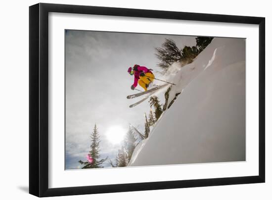 Skiing A Cliff Band In The Backcountry Near Jackson Hole Mountain Resort In Teton Village, Wyoming-Jay Goodrich-Framed Photographic Print
