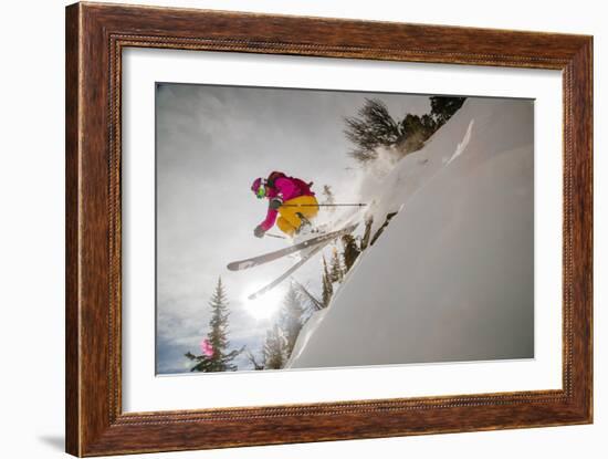 Skiing A Cliff Band In The Backcountry Near Jackson Hole Mountain Resort In Teton Village, Wyoming-Jay Goodrich-Framed Photographic Print