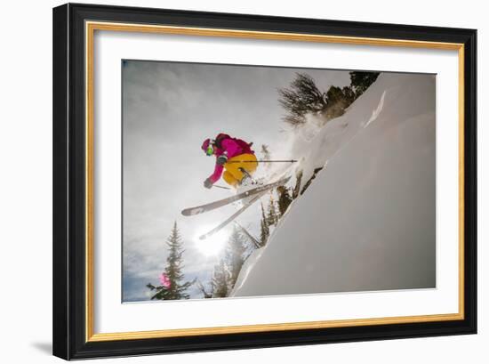 Skiing A Cliff Band In The Backcountry Near Jackson Hole Mountain Resort In Teton Village, Wyoming-Jay Goodrich-Framed Photographic Print