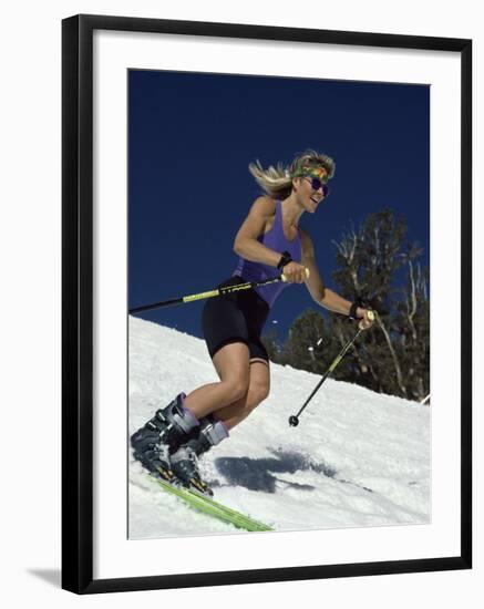 Skiing Downhill in Warm Weather Workout Gear-null-Framed Photographic Print