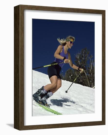 Skiing Downhill in Warm Weather Workout Gear-null-Framed Photographic Print