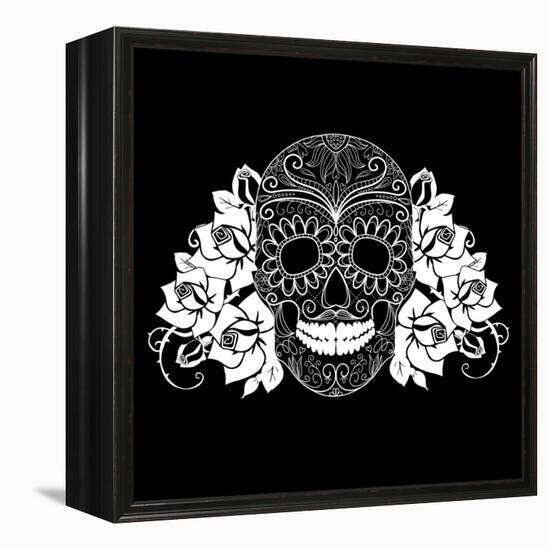 Skull and Roses, Black and White Day of the Dead Card-Alisa Foytik-Framed Stretched Canvas