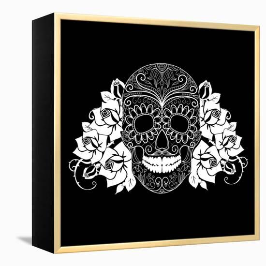 Skull and Roses, Black and White Day of the Dead Card-Alisa Foytik-Framed Stretched Canvas