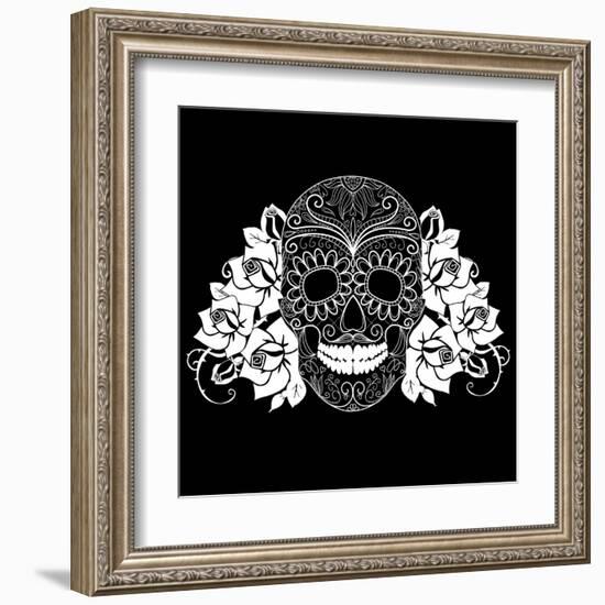 Skull and Roses, Black and White Day of the Dead Card-Alisa Foytik-Framed Art Print