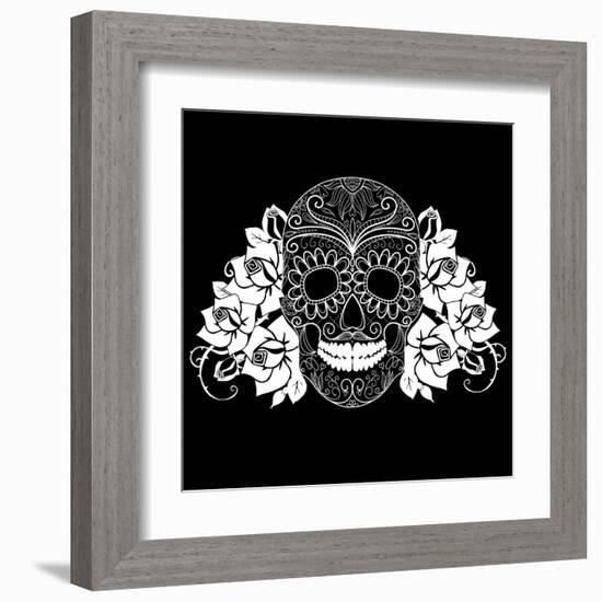 Skull and Roses, Black and White Day of the Dead Card-Alisa Foytik-Framed Art Print