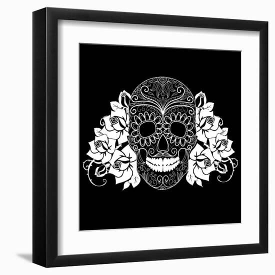 Skull and Roses, Black and White Day of the Dead Card-Alisa Foytik-Framed Art Print