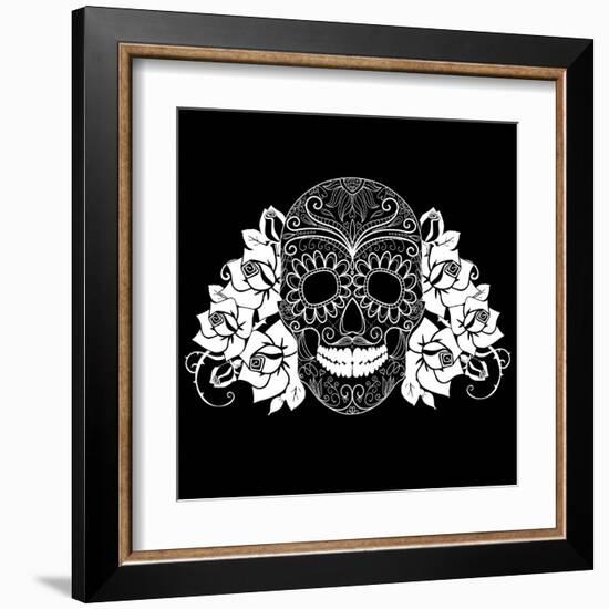 Skull and Roses, Black and White Day of the Dead Card-Alisa Foytik-Framed Art Print