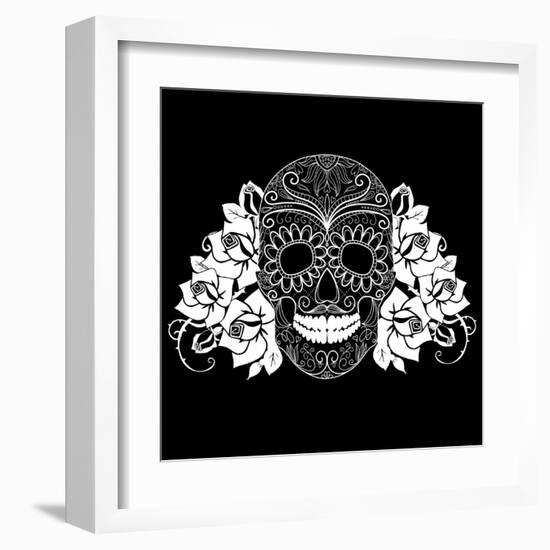 Skull and Roses, Black and White Day of the Dead Card-Alisa Foytik-Framed Art Print