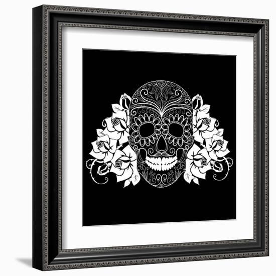 Skull and Roses, Black and White Day of the Dead Card-Alisa Foytik-Framed Art Print