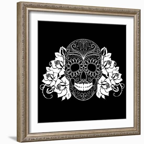 Skull and Roses, Black and White Day of the Dead Card-Alisa Foytik-Framed Art Print