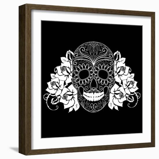 Skull and Roses, Black and White Day of the Dead Card-Alisa Foytik-Framed Art Print