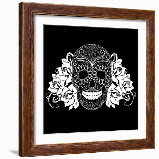 Skull and Roses, Black and White Day of the Dead Card-Alisa Foytik-Framed Art Print