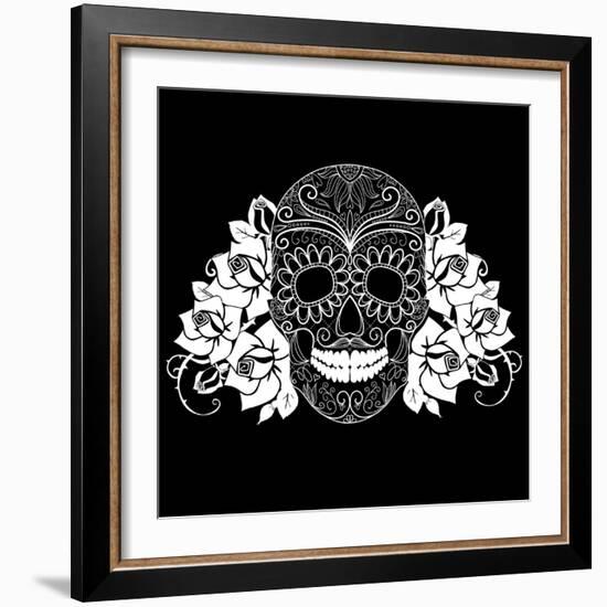 Skull and Roses, Black and White Day of the Dead Card-Alisa Foytik-Framed Art Print