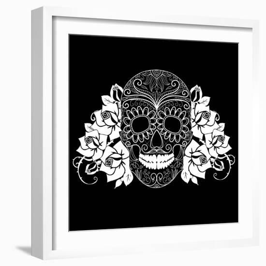 Skull and Roses, Black and White Day of the Dead Card-Alisa Foytik-Framed Art Print