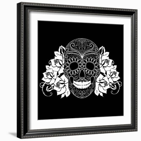 Skull and Roses, Black and White Day of the Dead Card-Alisa Foytik-Framed Art Print