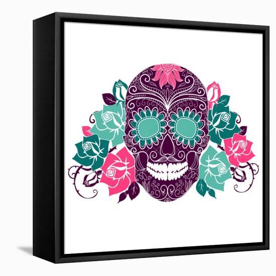 Skull And Roses, Colorful Day Of The Dead Card-Alisa Foytik-Framed Stretched Canvas