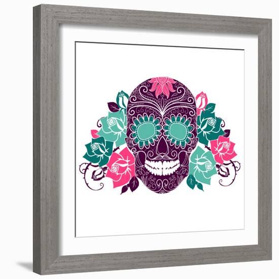 Skull And Roses, Colorful Day Of The Dead Card-Alisa Foytik-Framed Art Print