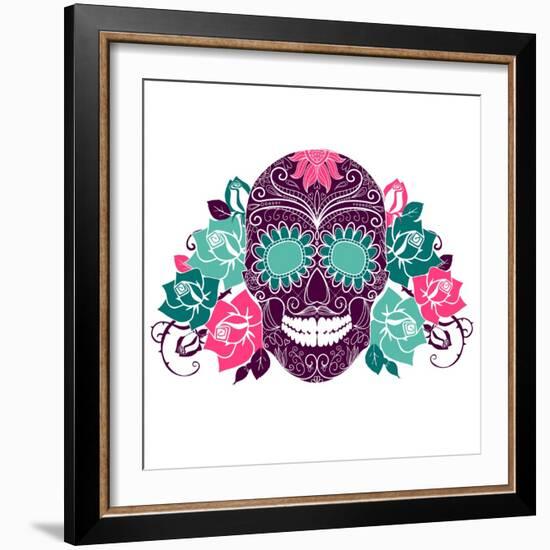 Skull And Roses, Colorful Day Of The Dead Card-Alisa Foytik-Framed Art Print