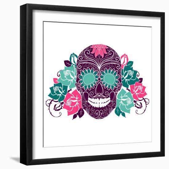 Skull And Roses, Colorful Day Of The Dead Card-Alisa Foytik-Framed Art Print