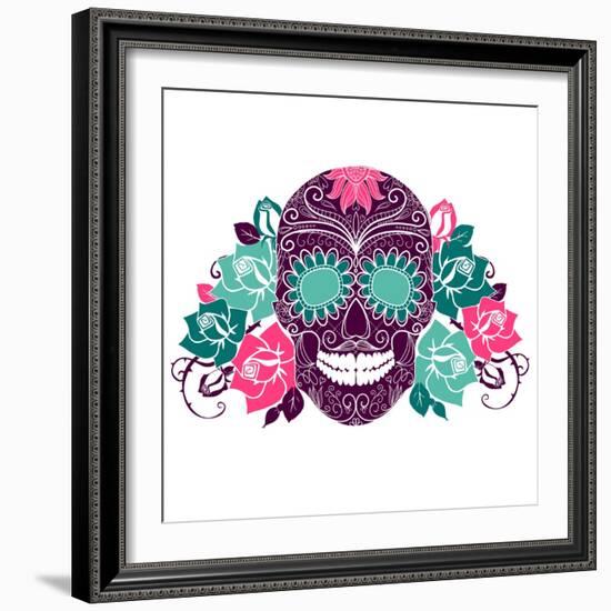 Skull And Roses, Colorful Day Of The Dead Card-Alisa Foytik-Framed Art Print