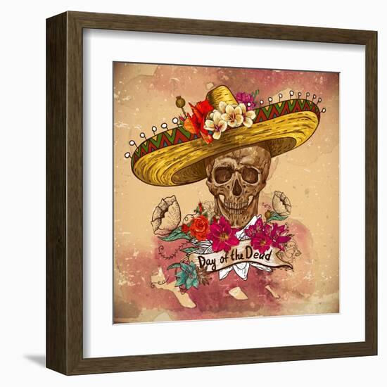 Skull in Sombrero with Flowers Day of the Dead-depiano-Framed Art Print