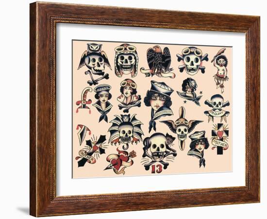 Skulls & Ladies Authentic Mid-Century Tattoo Flash-null-Framed Art Print