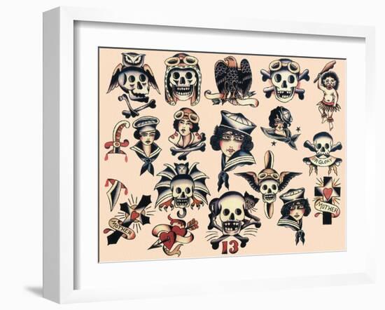 Skulls & Ladies Authentic Mid-Century Tattoo Flash-null-Framed Art Print