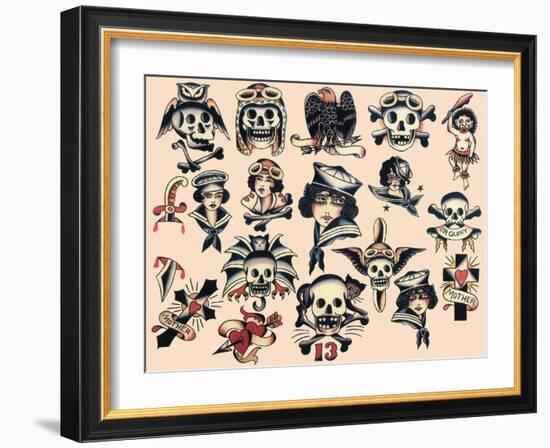 Skulls & Ladies Authentic Mid-Century Tattoo Flash-null-Framed Art Print