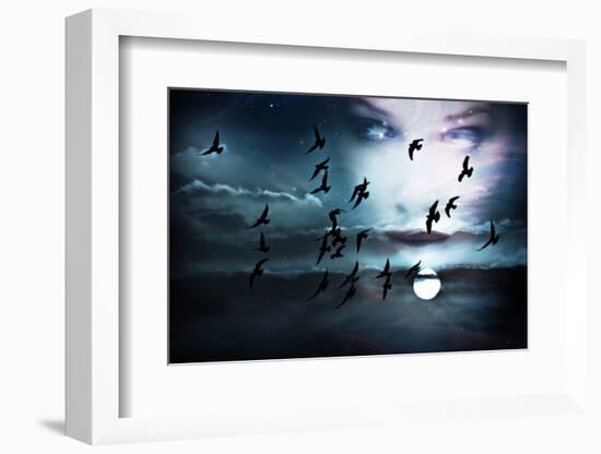 Sky, Birds, Full Moon and Woman Face, Composed from Two Images-coka-Framed Photographic Print