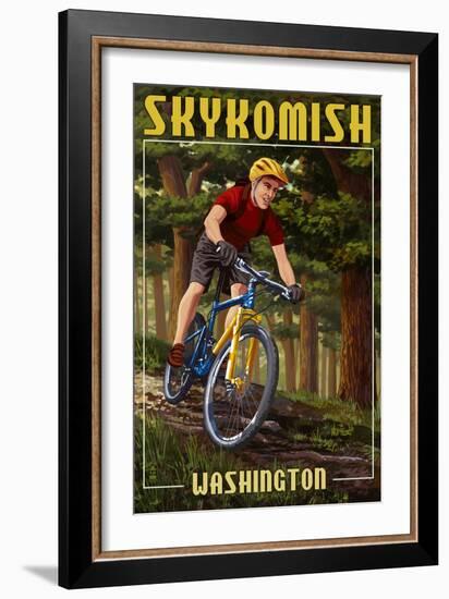 Skykomish, Washington - Mountain Biker in Trees-Lantern Press-Framed Art Print