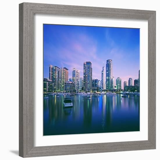 Skyline and boats on Dubai Marina-Murat Taner-Framed Photographic Print