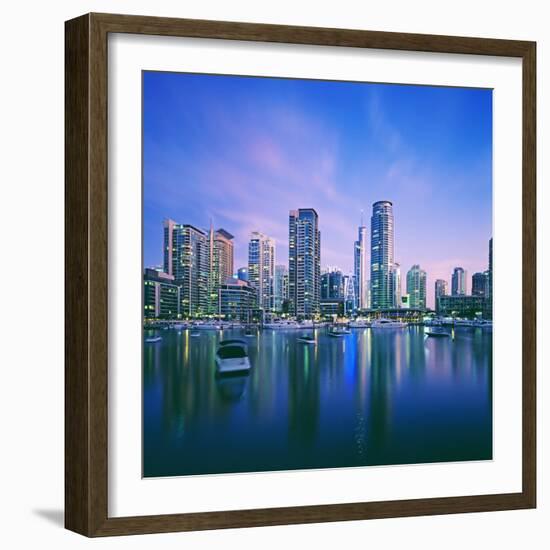 Skyline and boats on Dubai Marina-Murat Taner-Framed Photographic Print