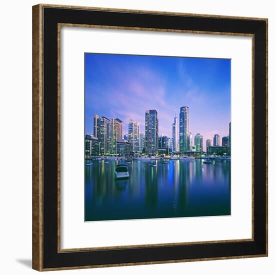 Skyline and boats on Dubai Marina-Murat Taner-Framed Photographic Print