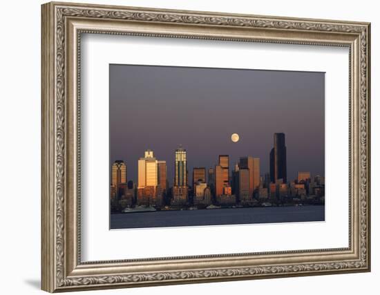 Skyline and Elliott Bay with Full Moon Rising, Seattle, Washington, USA-Jamie & Judy Wild-Framed Photographic Print