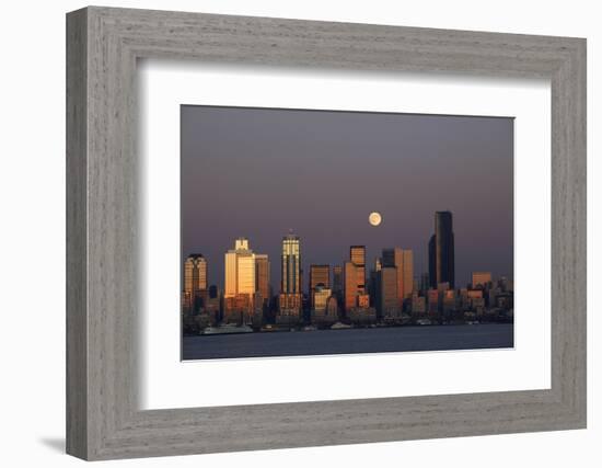 Skyline and Elliott Bay with Full Moon Rising, Seattle, Washington, USA-Jamie & Judy Wild-Framed Photographic Print